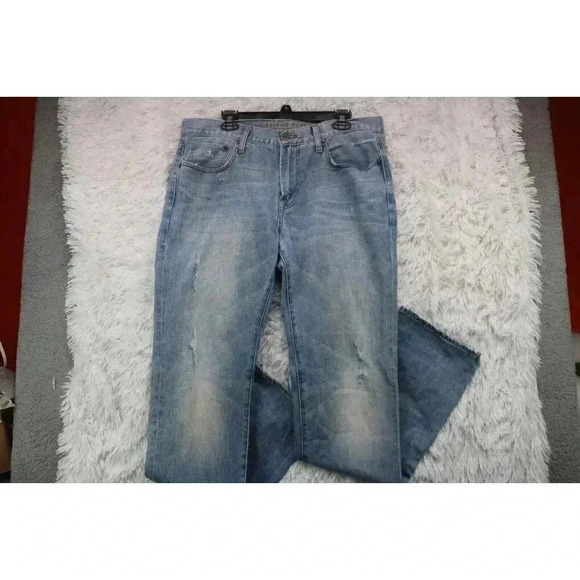 Men's American Eagle Blue Denim Jeans-Straight Slim-34 x 36-Distressed - Picture 1 of 10